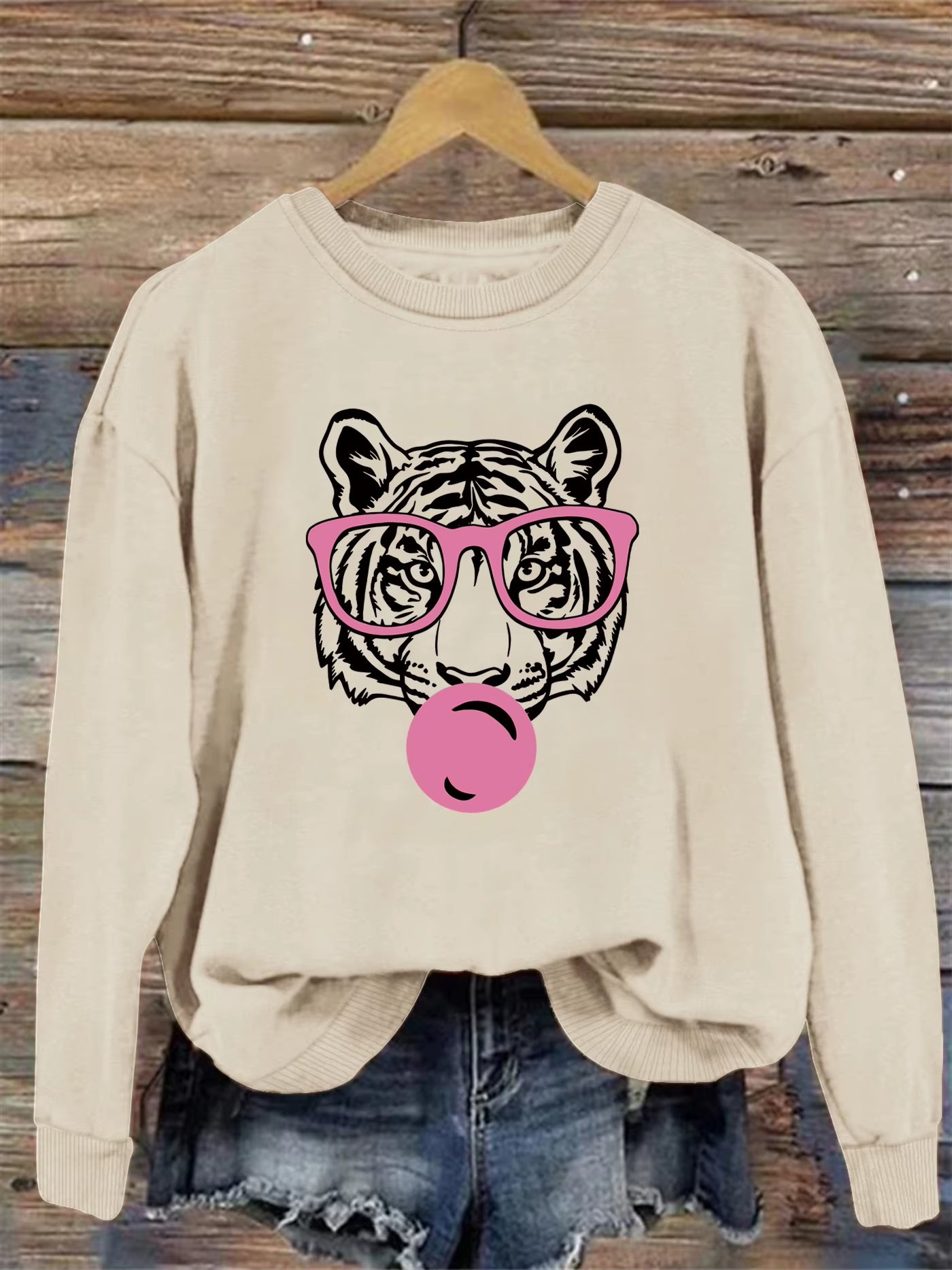 Tiger Print Sweatshirt, Crew Neck Casual Sweatshirt for Winter & Fall, Women'S Clothing