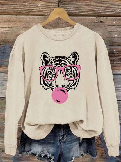 Tiger Print Sweatshirt, Crew Neck Casual Sweatshirt for Winter & Fall, Women'S Clothing